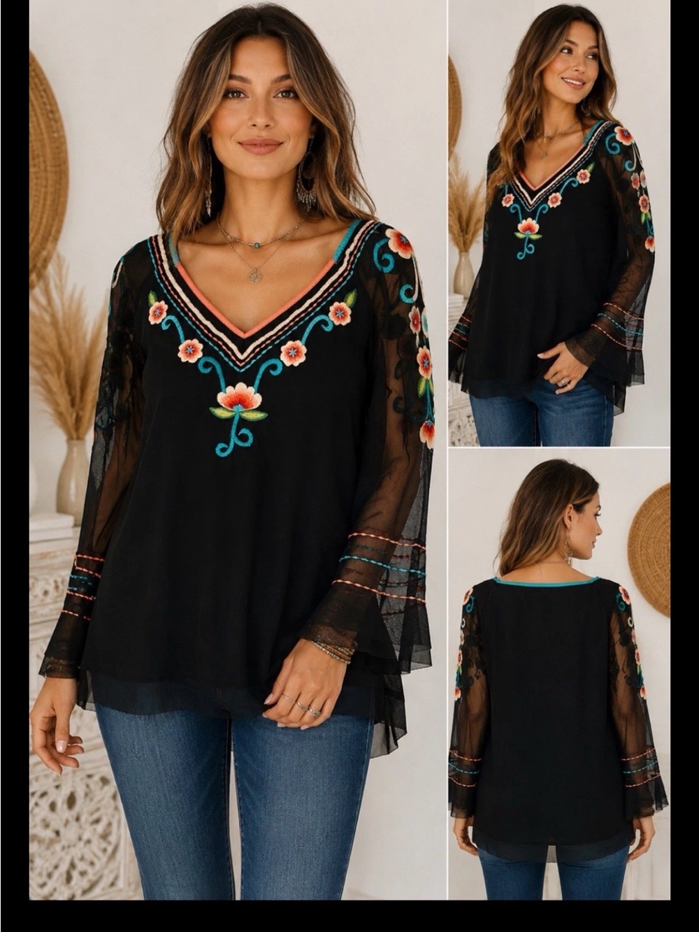 Tunique Boho Embroidered Floral Tunic Top Small